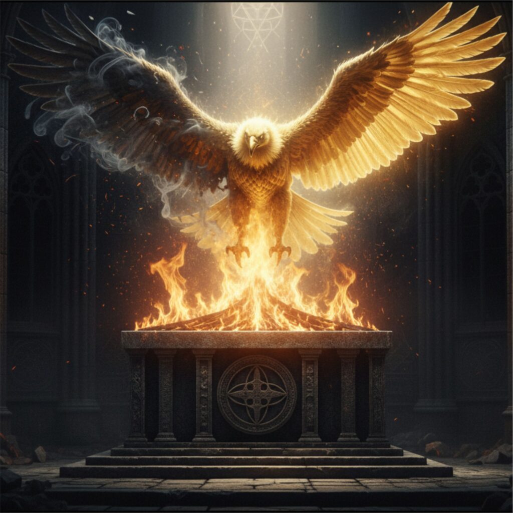 Águila disolviéndose en fuego ante el Cóndor dorado.
