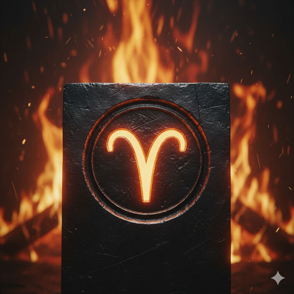 Símbolo de Aries grabado en metal bruñido, resplandor ámbar.