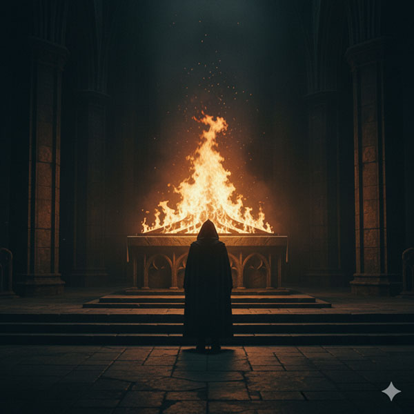 Iniciado frente a llama ardiente, mirada interior.