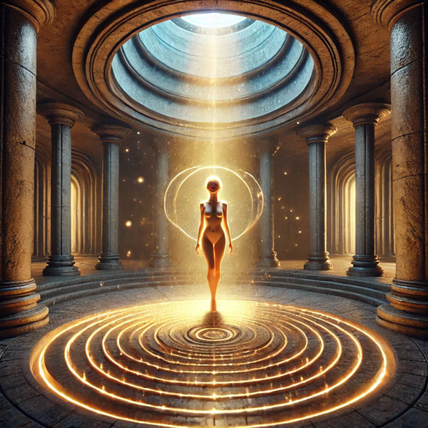 En el centro de una cámara circular de piedra viva iluminada por una luz azul-dorada respirante, como si el conocimiento mismo fuera atmósfera., una figura andrógina femenina de belleza serena, ojos semicerrados, presencia viva, sumergida en un pensamiento que es también oración.