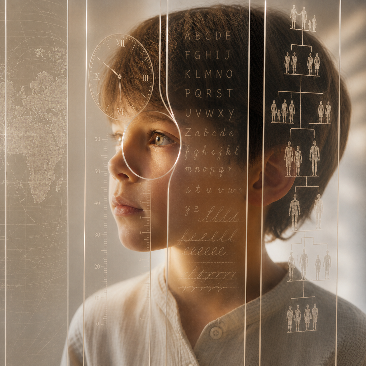 Un niño observado a través de paneles transparentes con símbolos heredados de cultura, tiempo, lenguaje y familia.