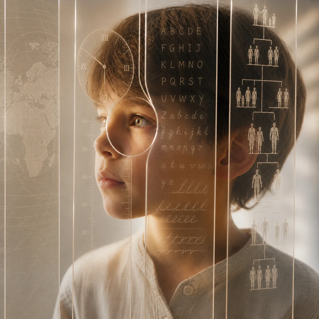Un niño observado a través de paneles transparentes con símbolos heredados de cultura, tiempo, lenguaje y familia.