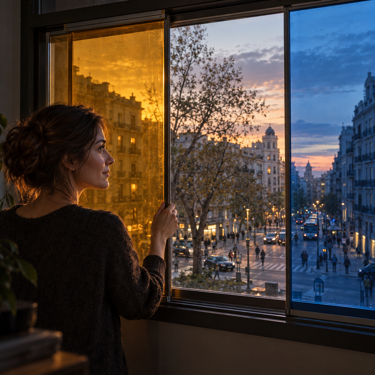 Una mujer observa la ciudad a través de cristales de distintos colores.