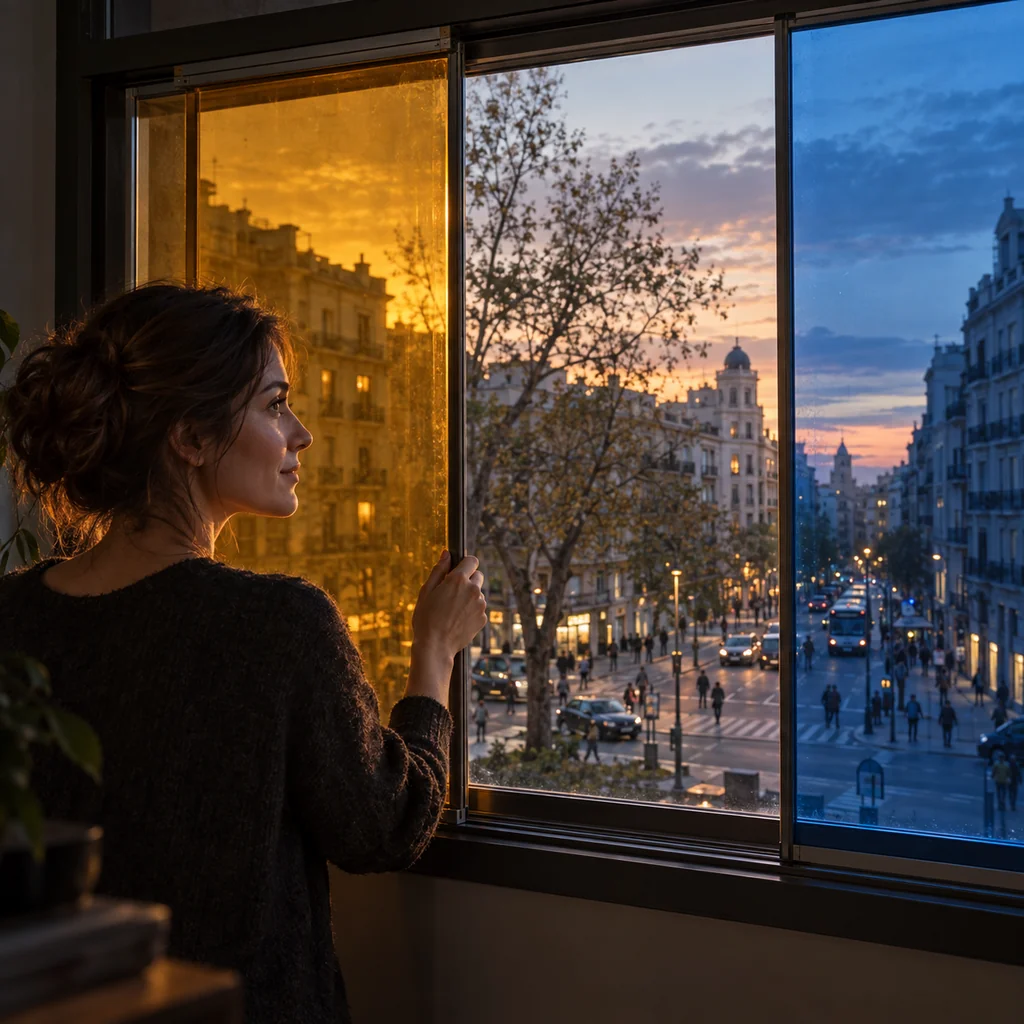 Una mujer observa la ciudad a través de cristales de distintos colores.