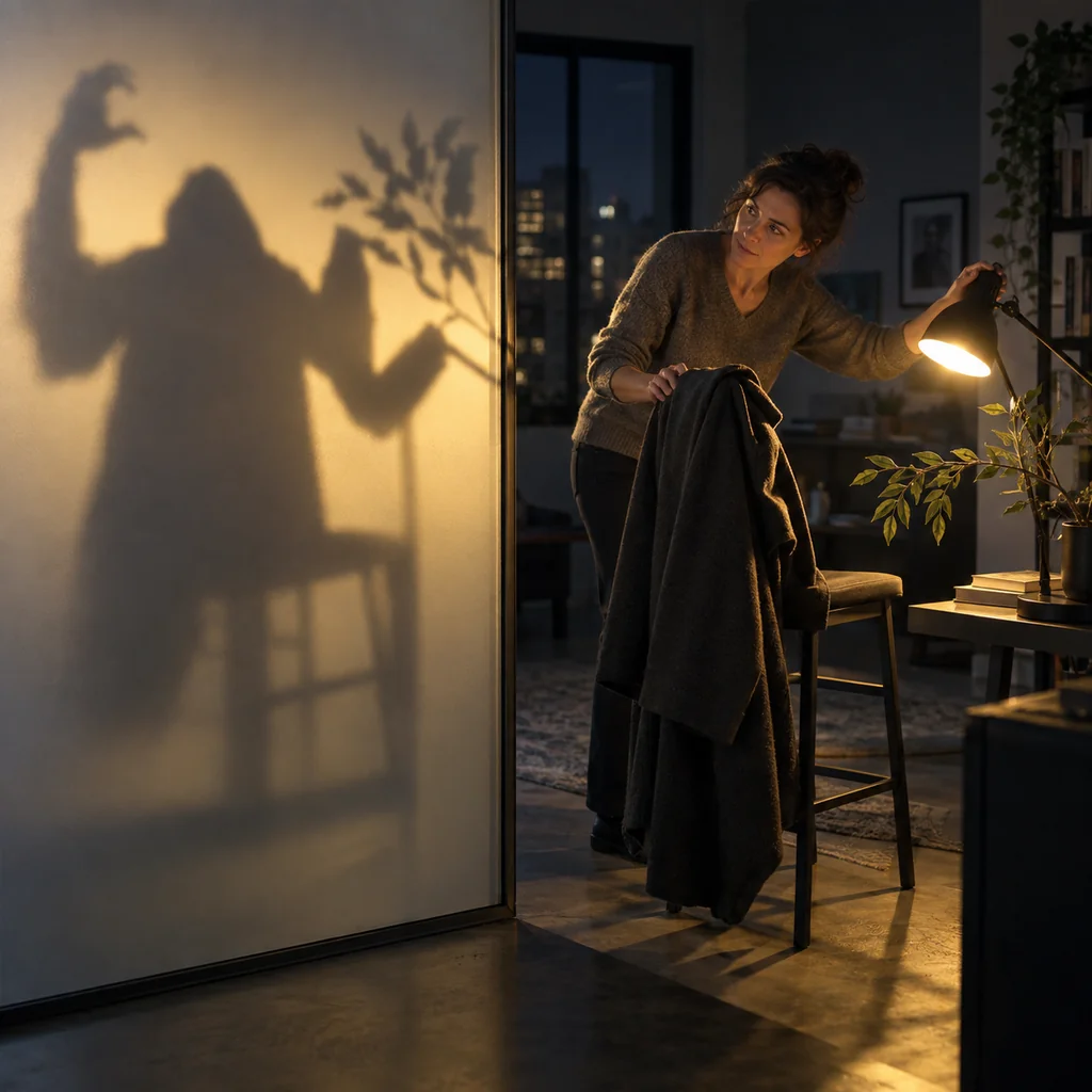 Una mujer dirige una lámpara y descubre formas diferentes en las sombras proyectadas.