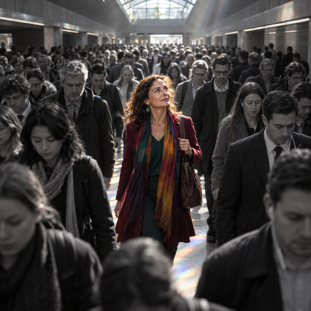Una mujer iluminada y llena de color avanza entre una multitud en tonos grises.