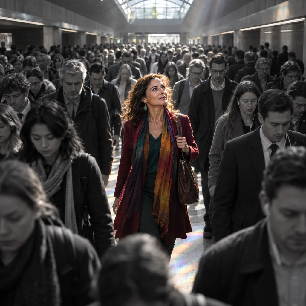 Una mujer iluminada y llena de color avanza entre una multitud en tonos grises.