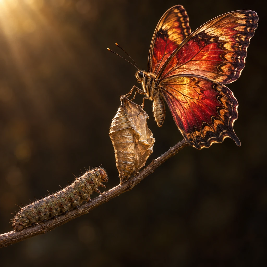 Una oruga, una crisálida abierta y una mariposa muestran la metamorfosis de RUBEDO.
