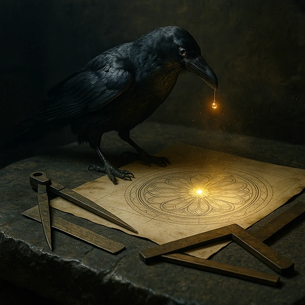 ART-GOT: cuervo ante un dibujo geométrico, un compás y una escuadra