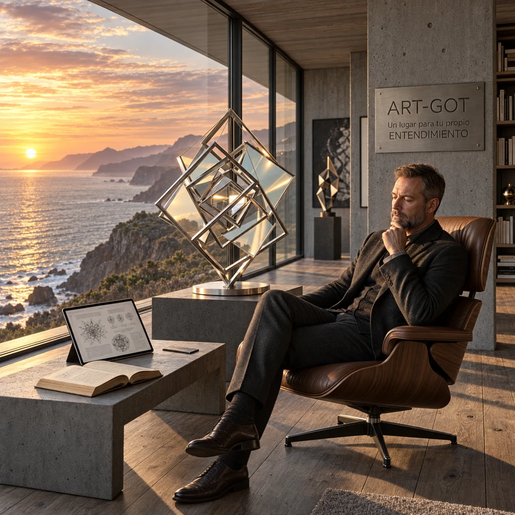 TU HOGAR en ART-GOT: una persona reflexiona junto a una escultura de espejos y un libro abierto frente al mar.