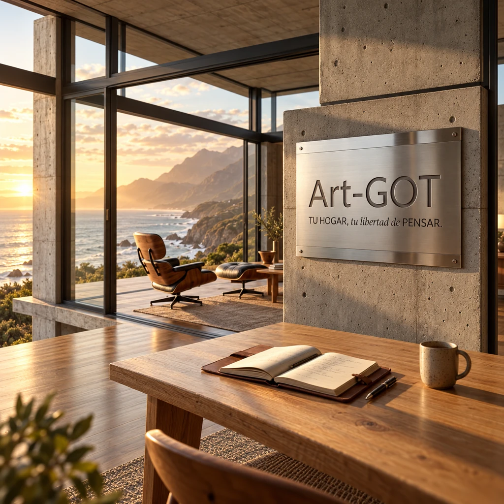 TU HOGAR en ART-GOT: hogar abierto al mar con sillón vacío, cuaderno y luz cálida