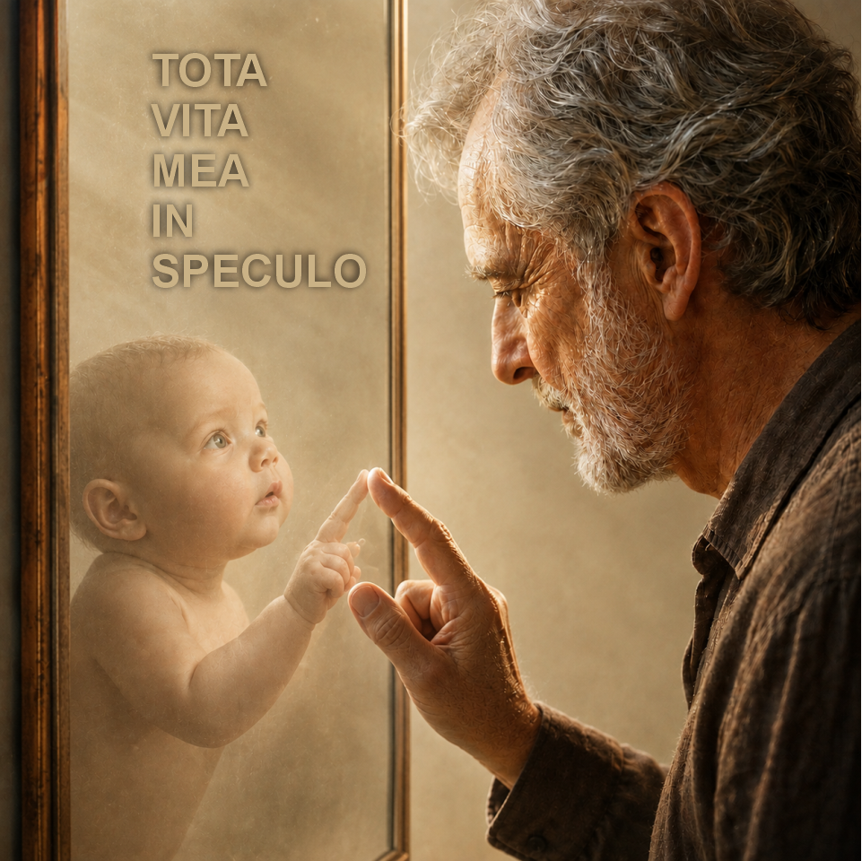Un hombre contempla en un espejo a un bebé que le devuelve la mirada; ambos acercan sus dedos bajo la inscripción TOTA VITA MEA IN SPECULO.