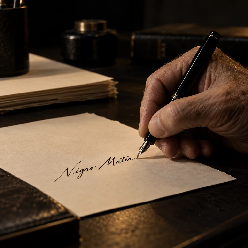 Una mano firma Nigro Mater sobre un manuscrito.
