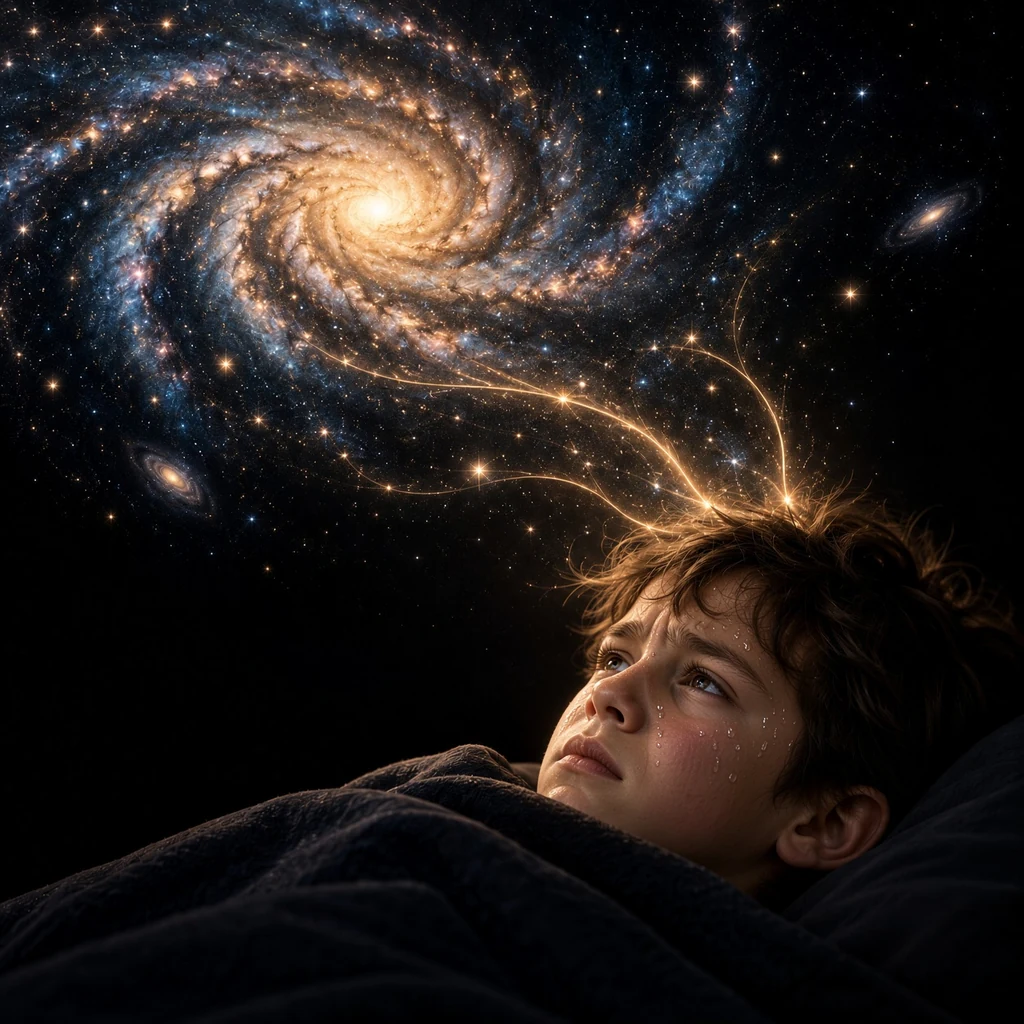 Un niño febril y sudoroso; conexiones luminosas enlazan su pensamiento con una galaxia.