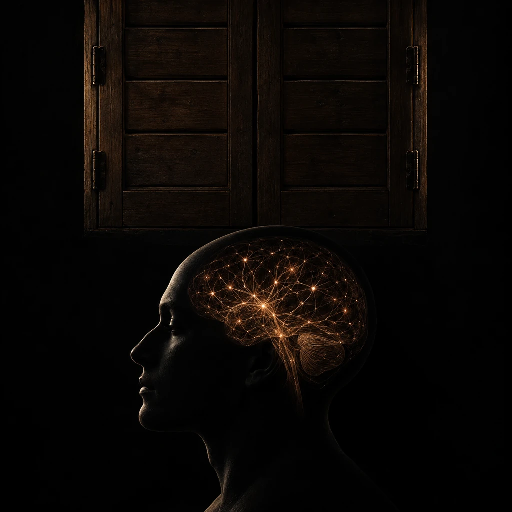 Un perfil humano oscuro con una red luminosa interior, representación simbólica del pensamiento.